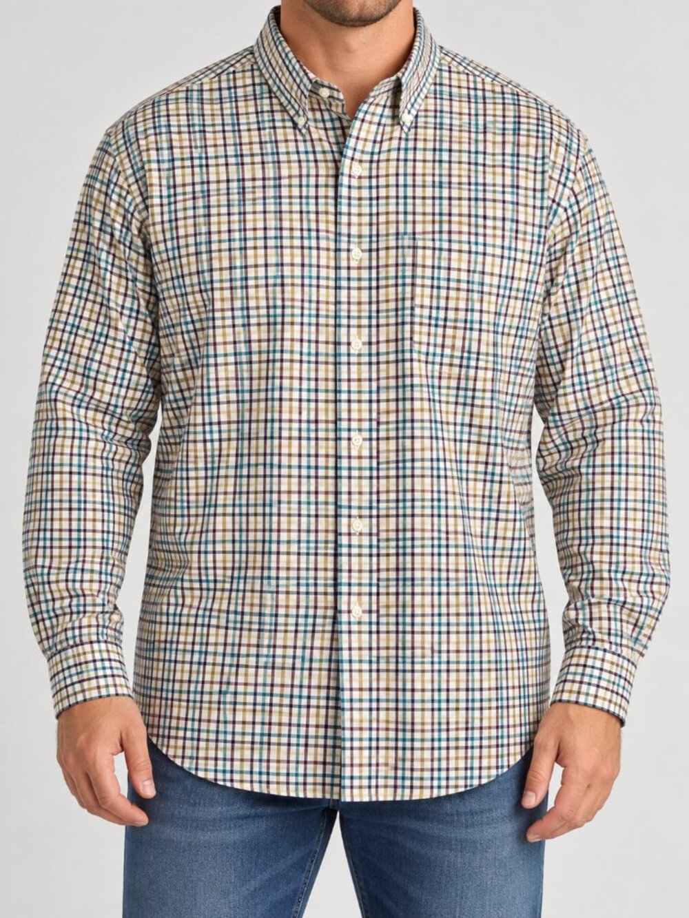 Arrow USA 1851 Men's 3XLT Cream Teal Multicolor Plaid Button Down
